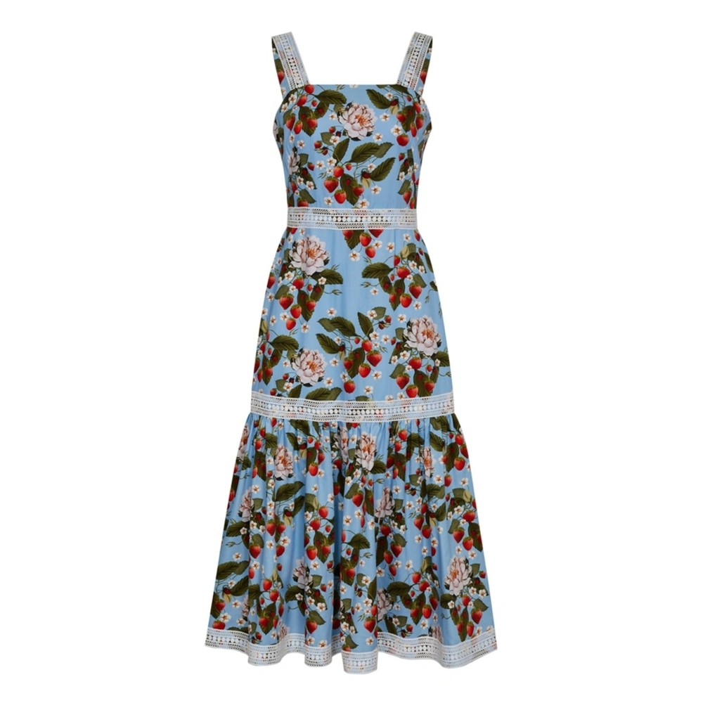 Borgo De Nor Cordelia Printed Tiered Cotton Dress Blue UK 12 / US 8 fruit